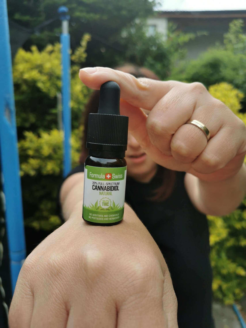 A bottle of Formula Swiss CBD oil balanced on the back of a hand