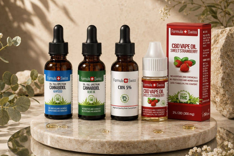 Formula Swiss CBD olja 5 % v olju konopljinih semen in oljčnem olju, CBN olje 5 % in CBD tekočina za uparjanje z jagodo na marmornem stojalu