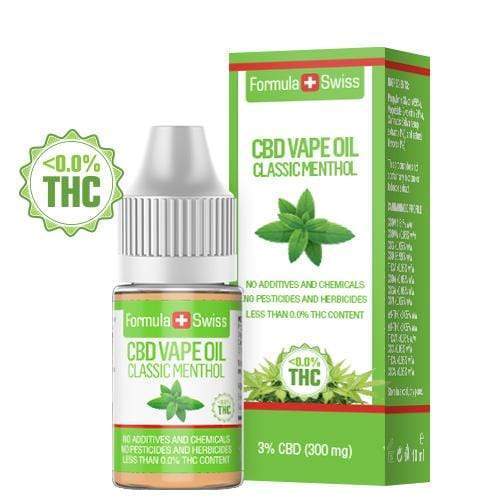 Tekočina CBD za uparjanje Formula Swiss s klasičnim mentolom, 3 % CBD (300 mg), 10 ml steklenička in škatla