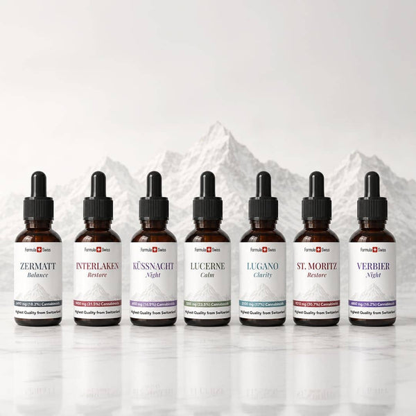 Formula Swiss CBD oil collection with seven amber dropper bottles displayed in front of a Swiss mountain background.
