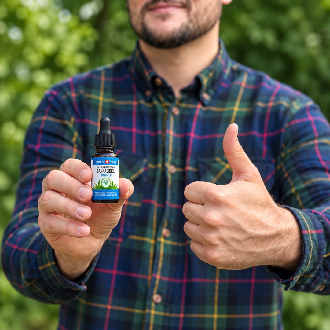 Oseba drži stekleničko olja CBD Formula Swiss v olju konopljinih semen in dviguje palec