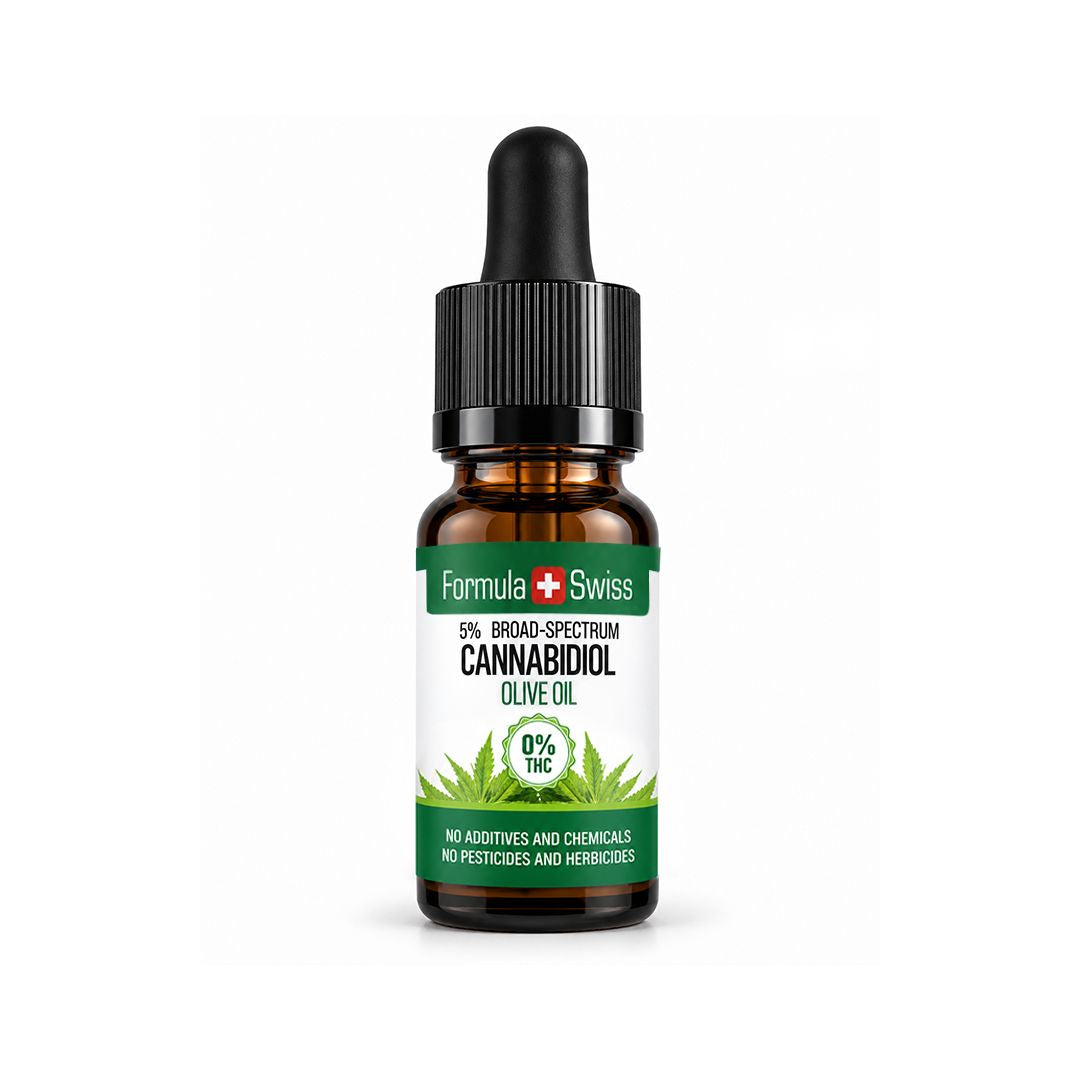 Jantarna steklenička s kapalko: olje CBD Formula Swiss v oljčnem olju, 0 % THC, bela etiketa, svetlo sivo ozadje