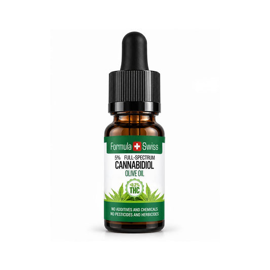 Jantarna steklenička s kapalko: olje CBD Formula Swiss v oljčnem olju, manj kot 0,2 % THC, bela etiketa, svetlo sivo ozadje